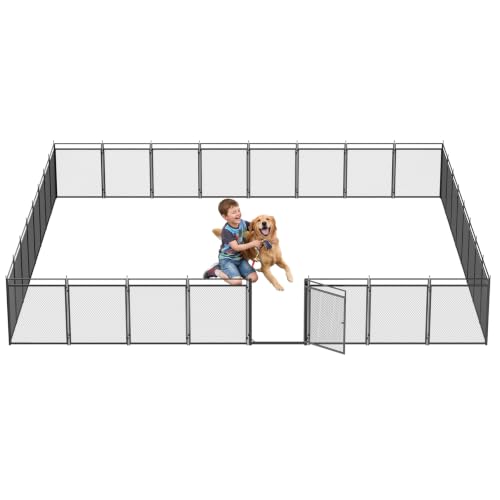 Image of Dog Playpen with Safety Mesh, 32 inch Height 32 Panels Metal Dog Fence Indoor Outdoor, Portable Dog Kennel for Camping, Yard & RV | Black-Silver