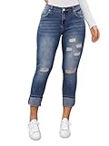 Flamingals Women's Curvy Capri Jeans Skinny Stretchy Butt Lifting Jeans Ripped Denim Jeans Blue XL