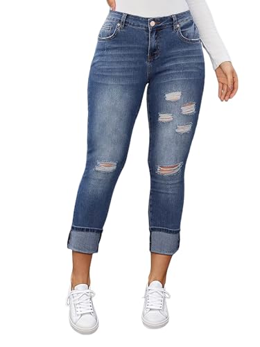 Flamingals Women's Curvy Capri Jeans Skinny Stretchy Butt Lifting Jeans Ripped Denim Jeans