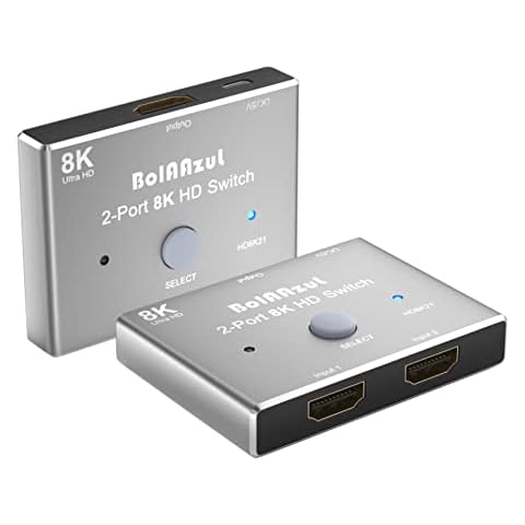 8K HDMI 2.1 Switch Splitter 2 in 1 Out, BolAAzuL HDMI 2.1 Switcher Adapter -Silver- 8K@60Hz 4K@120Hz 48Gbps 2 Way HDMI a/b Switch 2 Input 1 Output for X-Box PS5 PS4 Blue-ray Player Projectors Monitors Cover