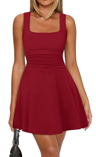 OFEEFAN Red Dresses for Women Valentines Square Neck Spring Dresses for Women Pleated Dress Short Mini Dress XL