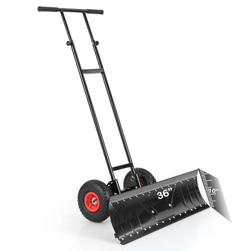 GYMAX Snow Shovel, Wheeled Pusher with 10&rdquo; Pneumatic Rubber Wheels, 36&rdquo; Wide Blade, Adjustable...