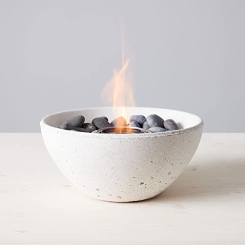 Terraflame Basin Fire Bowl Table Top | Portable Concrete Fire Pit For Indoor And Outdoor | 1 Gel Fuel Can | Clean Burning And Smoke-Free | Protective Cork Base | Stonecast White Finish #TOP21