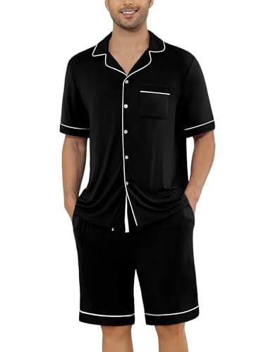 Image of Veseacky Men's Button Down Pajama Set Short Sleeve Shorts Modal Soft Sleepwear Loungewear Pjs with Pockets S-XXL