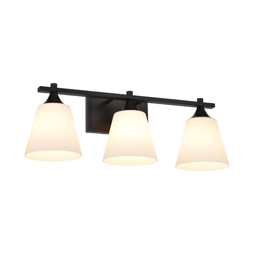 Image of Black Bathroom Vanity Light Fixtures, 3 Lights Traditional Vanity Lighting Fixture with Opal Glass Shade, Porch Wall Mount Light Fixture for Bathroom, Mirror Cabinets Hallway Stairs, Matte Black