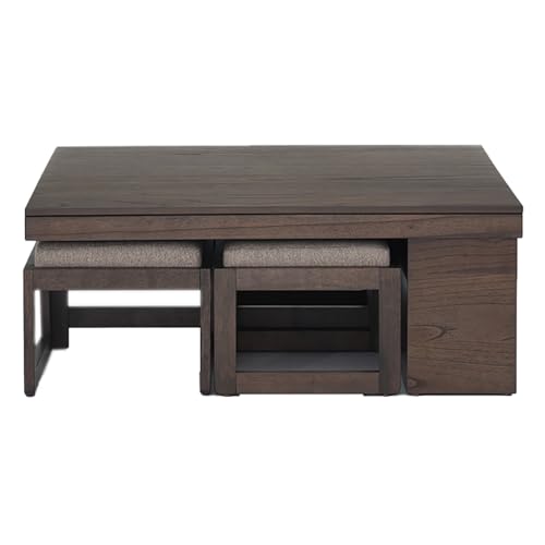 Image of Royaloak Boston American Wooden Coffee Table with 4 Stool | Solid Wood with Veneer Top | Upholstered & Cushioned Stools | Side Storage for Utility | Durable & Long Lasting | Space Saver Design