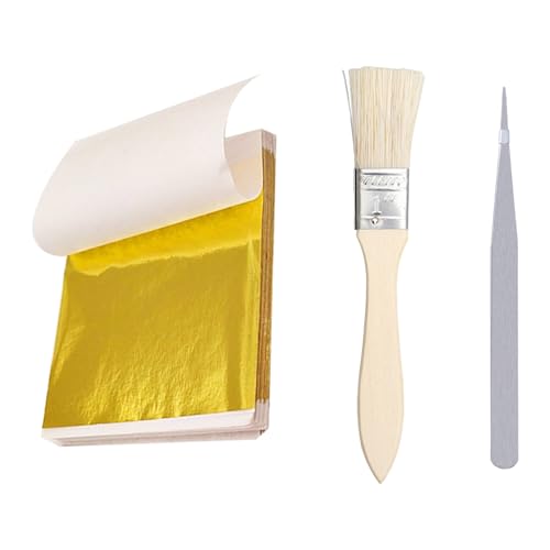 100 Pcs Gold Leaf Sheets Edible Gold Leaf Kit with Brush Tweezer Edible for Cakes Desserts Chocolate Furniture Decor Craft Face Masks Nail Art Gilding Art Supplies for Decorate