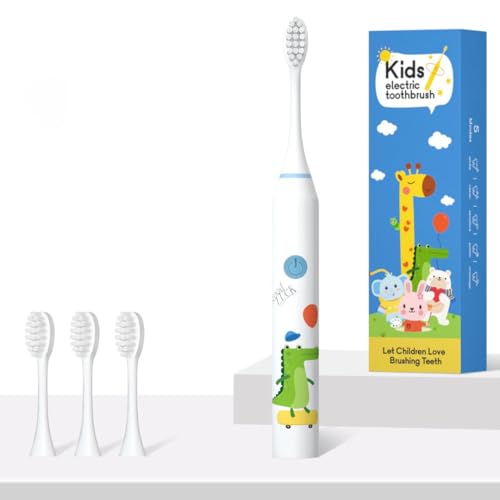 Image of Ausha Crocodile Kids Electric Toothbrush with 3 Extra Heads with Soft DuPont Bristles, Rechargeable, Cartoon Design, Smart Timer, 5 Modes,Waterproof Tooth Brush for Children (Ages 3-12)