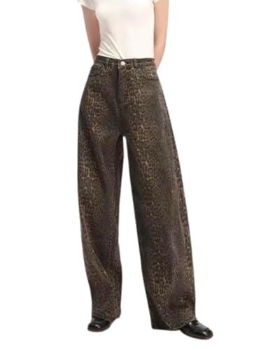 XPONNI Y2k Jeans Animal Print Y2k Pants Leopard Print Womens Baggy Wide Leg Jeans 2000s Mcbling Grunge Clothes
