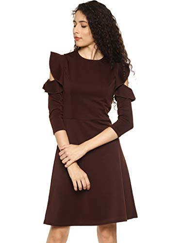 Image of AARA Women's Synthetic Cold Shoulder Ruffle Sleeve Casual Night Out Dress