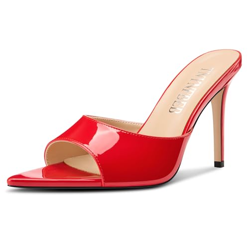 Image of TNYNFBEB Womens Stiletto High Peep Open Pointed Toe Sandals Mules Shoes Slip-on Slingback Office Party Dress Patent Leather Summer 3.9 Inches Heels