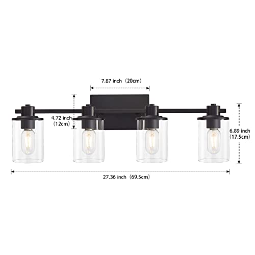 Image of 4-Light Modern Vanity Lights,Industrial Matte Black Bathroom Light Fixtures with Clear Glass, Vanity Lights Fixture for Bathroom, Living Room, Mirror, Bedroom,Hallway