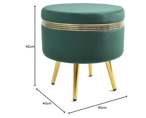 Image of NACIA Ottoman Pouffe Stool for Living Room Sitting, Green (16x16x17 inch) - Round Footstool /Foot Rest with 4 Wooden & Golden Metal Legs for Dressing Table, Home Decor, Balcony, Bedroom