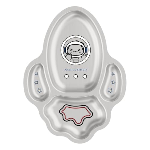 Image of Basil Stainless Steel Plate for Kids - Kids Plates for Food with 4 Compartments - Dinner Plates for Baby - Unbreakable Dinner Plates - Ideal for Birthday, Return Gifting - BPA-Free - Rocket Plate Dino
