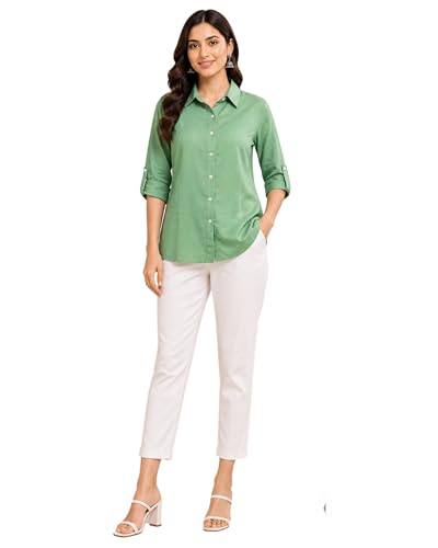 Image of Women's Button-Down Shirt, Long Sleeve, Collared Blouse, Relaxed Fit, Casual and Office Wear