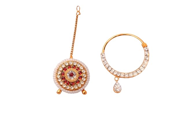 Maang Tikka and Nose Ring Combo, Gold-Toned, Embellished with Crystals and Beads, Traditional Bridal Jewellery Set-image-32