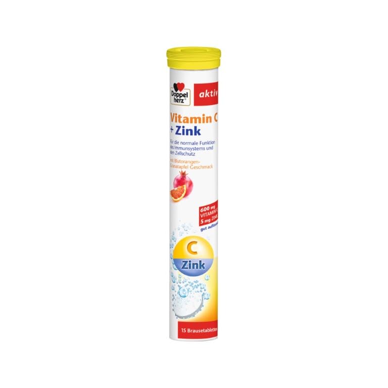 Doppelherz Vitamin C + Zink - für die normale Funktion des Immunsystems und den Zellschutz - vegan - 15 gut auflösende Brausetabletten mit Blutorangen-Granatapfel Geschmack