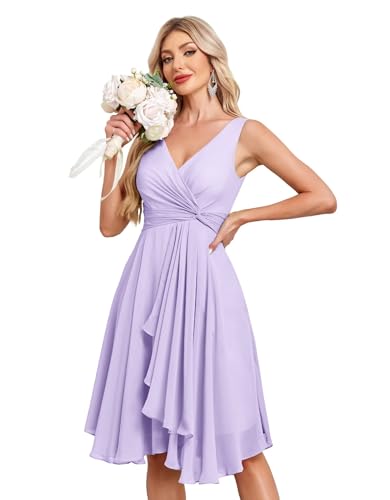 Image of Women's V Neck Short Bridesmaid Dresses 2025 Ruched Waist A Line Chiffon Formal Cocktail Party Dress