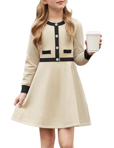 Arshiner Niñas Vestido Invierno Niños Cálido Punto A-Line Fiesta Festivo Elegante de Manga Larga Vestidos para Niñas 9-10 años Albaricoque