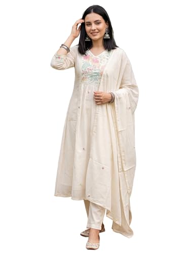 Image of INDO ERA Women's Pure Cotton Embroidered A-Line Kurta & Pant with Dupatta Set | Cotton kurta sets for women