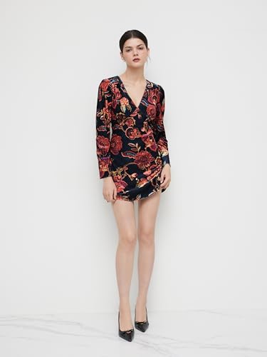 CIDER Velvet Mini Dress Floral Print Long Sleeve V Neck Middle Waist Party Cocktail Elegant Dress3