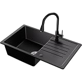 KIT COMPLETO PER LAVELLO DA CUCINA: 1 lavello con gocciolatoio, 1 rubinetto da cucina, 2 fori per rubinetto (per una regolazione flessibile dell'orientamento del lavello), 1 gruppo di scarico e troppopieno, 1* Tappo di scarico (per il controllo dello scarico e la ritenzione dell'acqua), 1 guida all'installazione (con dima di taglio), 1 paio di guanti da installazione.