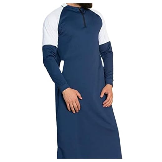 Men Muslim Islamic Kaftan Arab Patchwork Jubba Thobe Vintage Long Sleeve Robe Autumn Skinny Men Clothing Dark Blue L