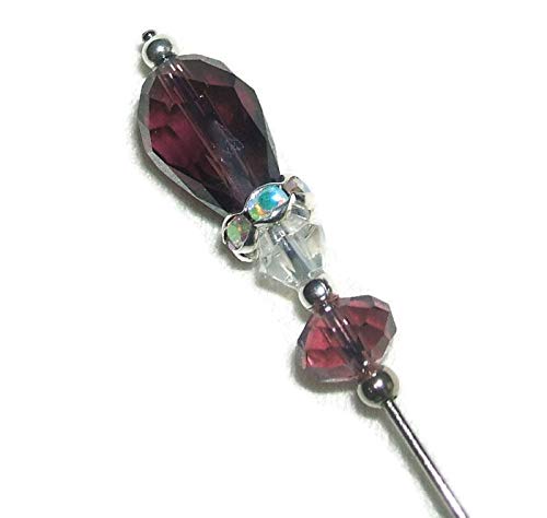 PURPLE AMETHYST Glass CRYSTAL w RHINESTONE Stick Hat Pin Long