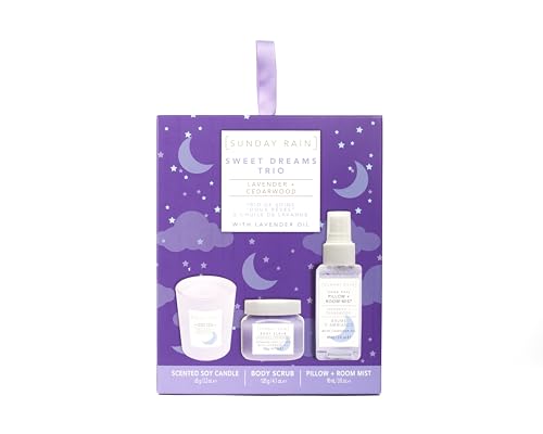 Sunday Rain Sweet Dreams Trio, Vegan and Cruelty Free Pamper Gift Set including Bath Soak, Body Scrub and Room & Pillow Mist