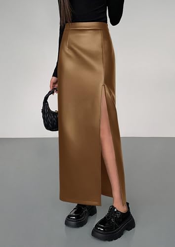 PRETTYGARDEN Womens Faux Leather Skirts 2025 Fall Fashion Bodycon High Waisted Slit Work Office Winter Maxi Long Pencil Skirt