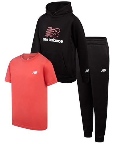 New Balance Boys Jogger Set - 3 Piece Outfit with Pullover Hoodie, Graphic Tee & Boys Jogger Pants - Athletic Outfit (4-12)