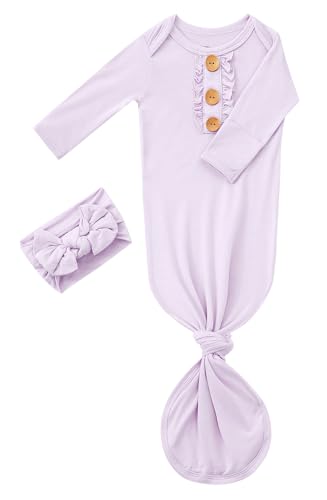 Image of Newborn Baby Girls Knotted Gown Headbands Set Soft Viscose from Bamboo Infant Sleeper Baby Sleep Gown with Mittens