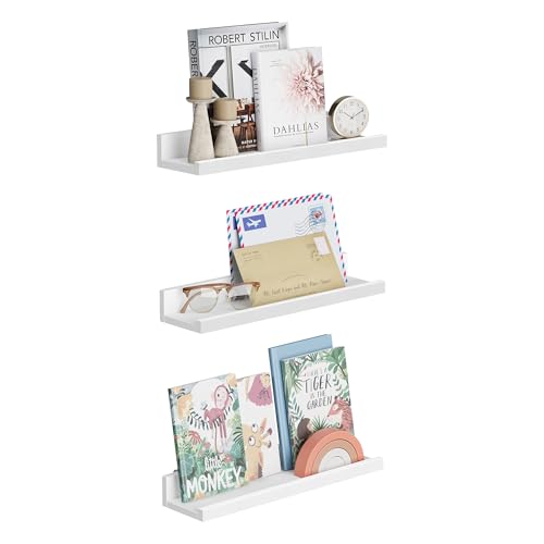 SONGMICS Floating Shelves, Set of 3 Wall Shelves, 15-Inch Wide, for Photo Frames and Trinkets, for Living Room, Home Office, Kitchen, Bathroom, White ULWS38WT 15"W White