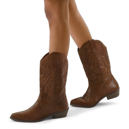 Image of mysoft Cowboy Boots For Women - Western Cowgirl Boots Mid Calf Chunky Heel Booties Pointed Toe Country Shoes