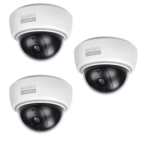 BASI | Set de 3 cámaras domo falsas con luz LED intermitente | Cámara falsa | Lente de cámara de vigilancia para interiores y exteriores protegidos | Montaje en pared y techo | Blanco | CCTV