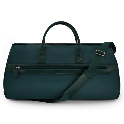 NOBL Travel Fold N Go Duffel Bag, 2-in-1 Convertible Garment Weekender Bag & Suit Carrier, Large Carry On Duffle Bag for Men & Women, Leather Overnight Bag with 2 Shoe Compartments - Forest Green