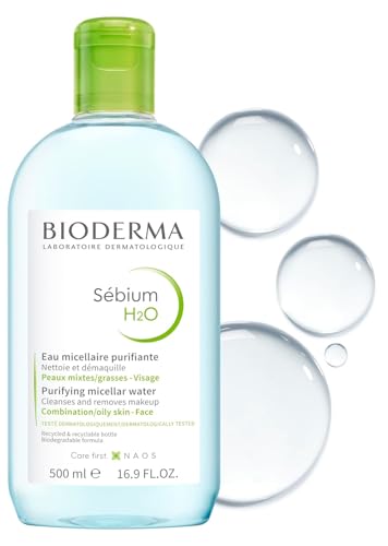 BIODERMA Sébium H2O – Eau micellaire dermatologique – Nettoie, démaquille et purifie – Limite la sécrétion de sébum – Peaux mixtes à grasses – Prescrite par des dermatologues – Flacon 500 ml