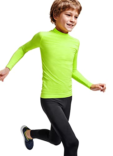 Camiseta Térmica Manga Larga | Niño | Tejido técnico Profesional | Transpirable | Unisex (Flúor, 12)