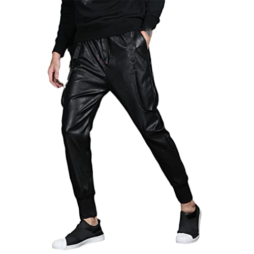 Pantalon de jogging hip-hop homme en similicuir noir avec cordon de serrage taille élastique