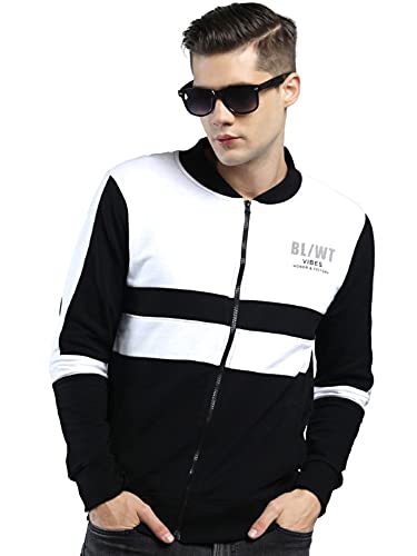 Maniac Men's Color Block Casual Zip Jacket - Round Neck, Full Sleeve - Black, White Cotton