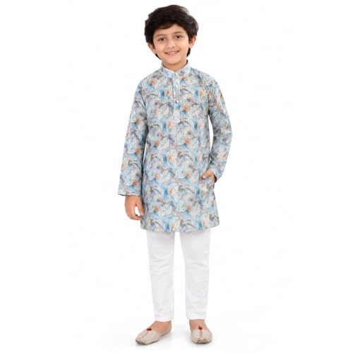Image of Boys Cotton Full Sleeve Printed Kurta Pyjama Set, Chikankari Kurta Kids Ethnic wear Festive & Traditional Outfit | Boys Kurta Pajama Set