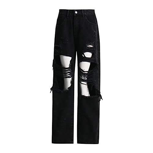 Ladies Ripped Cuffed Loose Jeans Boyfriend Fit Distressed Stretchy Denim Pants Stretch Baggy Jeans with Hole