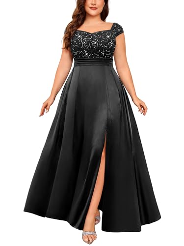 MISSMAY Women's Plus Size Sequin Lace Off Shoulder Satin Slit Formal Evening Party Maxi Dress