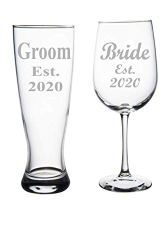 C M Groom Est. 2020 Pilsner Beer Glass, 23oz. and Bride Est. 2020