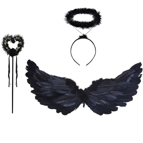 RONGZUBAT Costume Ange Set Ailes d'ange Adulte Ange Diable Costume avec Halo Baguette Magique pour Carnaval Halloween Cosplay Mardi Gras Déguisement (Noir)
