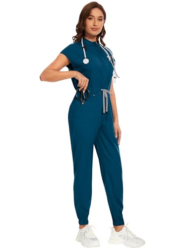 niaahinn Women's Medical Scrub Set - Comfortable Jumpsuit & Soft Stretch Jogger (Caribbean Blue, S)