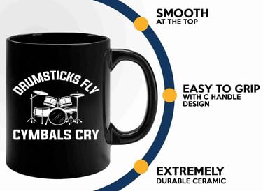 Taza de café para músicos, 11 onzas, negra, con diseño de baquetas y platillos miniatura 5