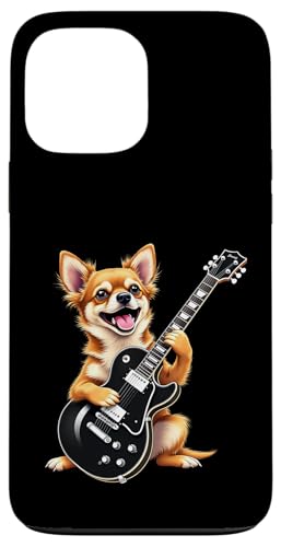 エレキギターを弾く面白いChiweenie犬音楽愛好家 スマホケース iPhone 13 Pro Max 用