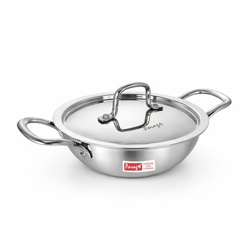 Image of Parage Tripure Tri-Ply Stainless Steel Kadai with Lid 22 cm, 1.5 LTR | ISI Mark Certified | Heavy Bottom SAS Triply Kadhai for Deep Frying & Cooking | Induction & Gas Stove Compatible, 5Years Warranty