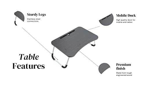 MemeHo Smart Multi-Purpose Laptop Table With Dock Stand/Study Table/Bed Table/Foldable And Portable/Ergonomic & Rounded Edges/Non-Slip Legs/Engineered Wood (Black), 60 Centimeters, 35 Centimeters